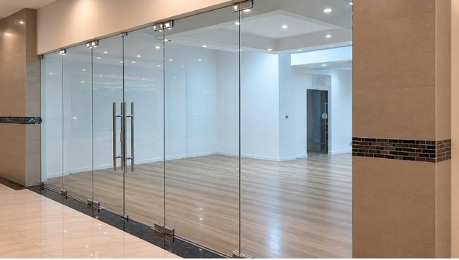 Fachada de vidrio en lobby comercial
